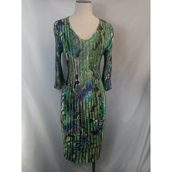 Vintage Mini Pleats Floral Pleated Dress Women's One Size 3/4 Sleeve Knee Length - Picture 1 of 15